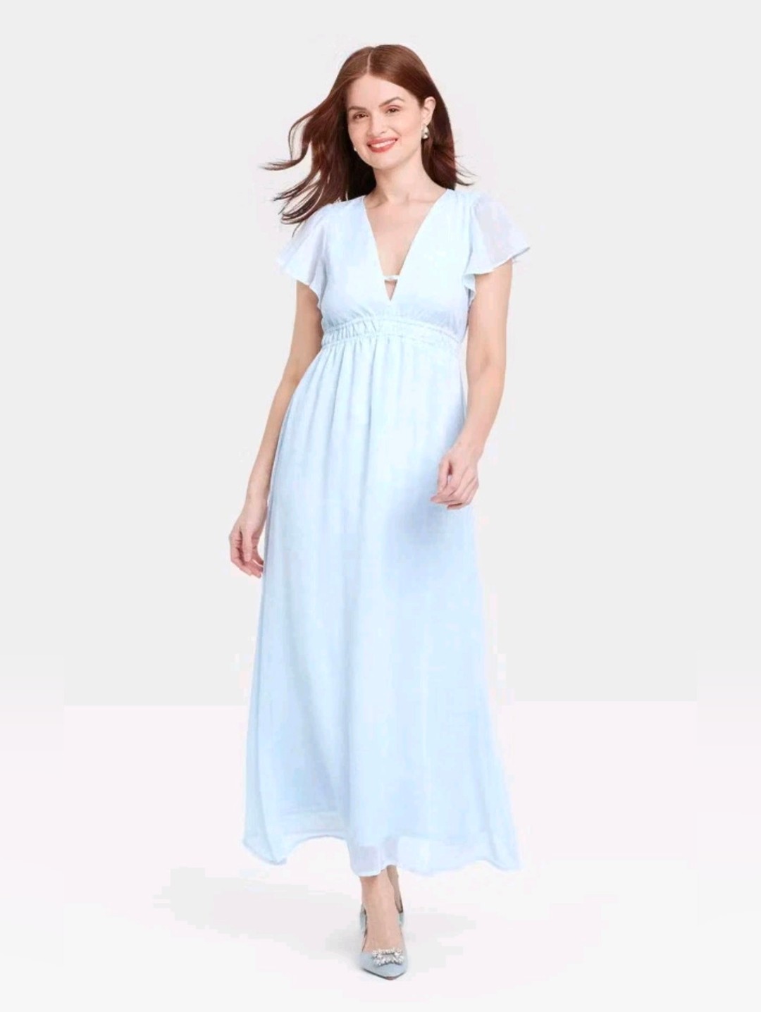 Maxi A-Line Dress Sky Blue Deep V-Neck Floral Chiffon Flutter Casual Size Xs
